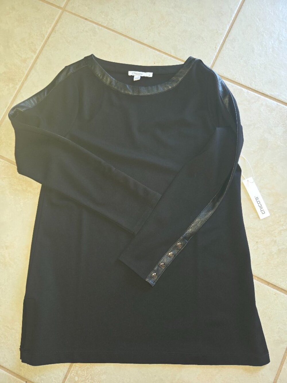 Chico's Ponte Faux Leather Inset Tunic Top Black NWT.  Size Medium /1